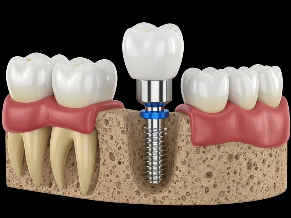 A single dental implant in the jawbone, three-dimensional view