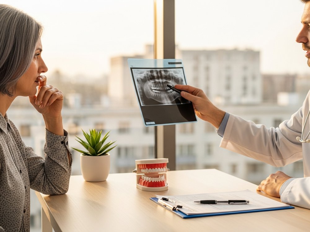 Adviesgesprek voor een implantaatbehandeling aan de hand van de r&ouml;ntgenfoto
