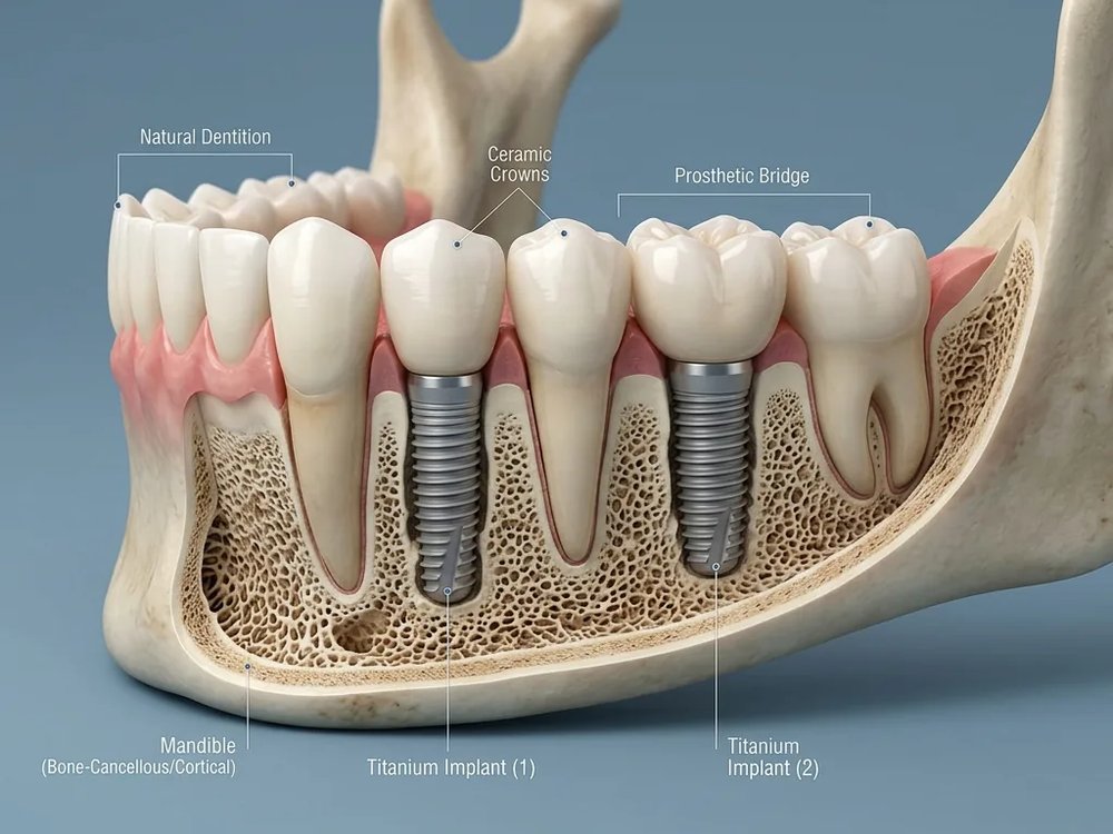 Implants in the jawbone with a bridge and crowns