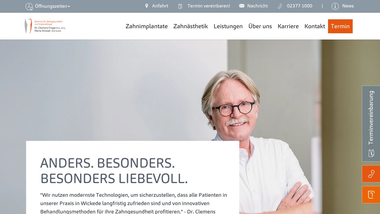 Startseite der Internetseite von Zentrum f&uuml;r Zahngesundheit und Implantologie   Dr. Clemens Frigge MSc   Marta Dinstak  MVZ GmbH