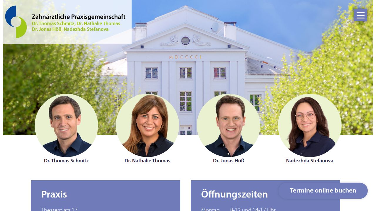 Startseite der Internetseite von Zahn&auml;rztliche Praxisgemeinschaft  Dr. Thomas Schmitz, Dr. Nathalie Thomas Dr. Jonas H&ouml;&szlig;, Nadezhda Stefanova