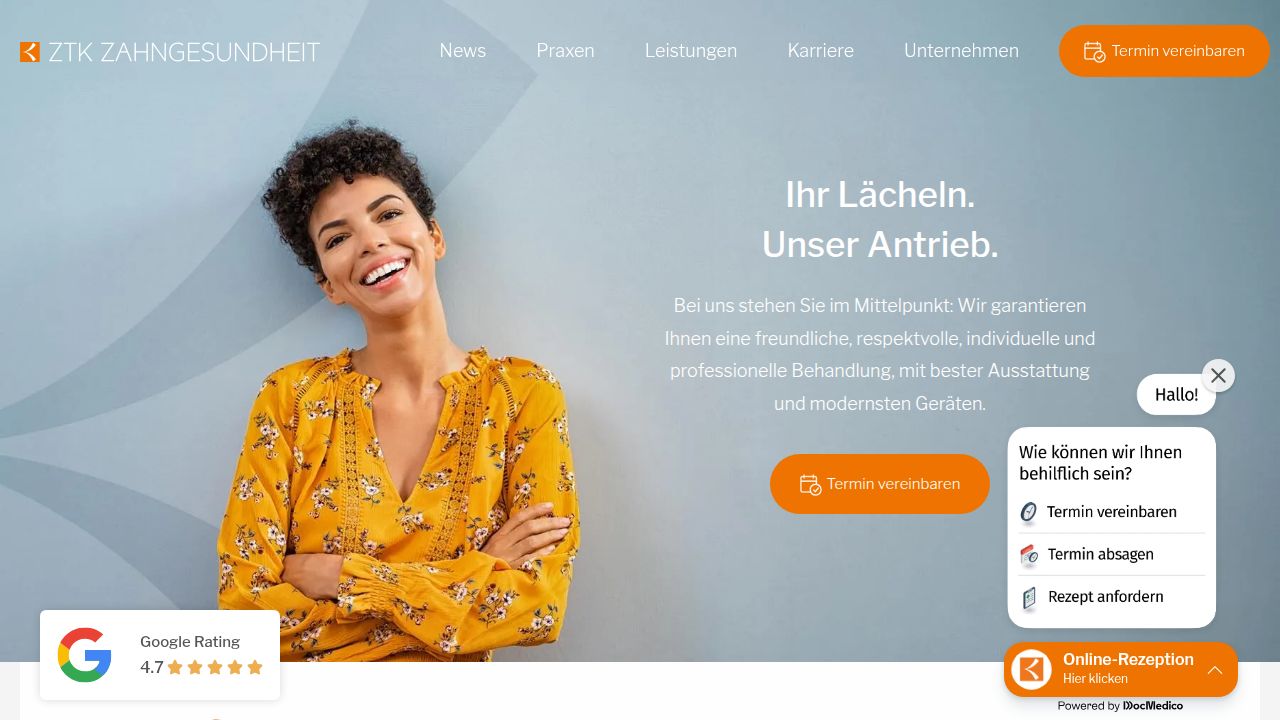 Startseite der Internetseite von Zahn&auml;rztliche Tagesklinik   Berufsaus&uuml;bungsgemeinschaft   Dr. Eichenseer MVZ II GmbH