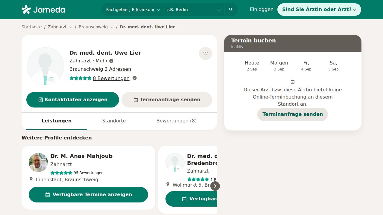 Startseite der Internetseite von Dr.med.dent. Uwe Lier